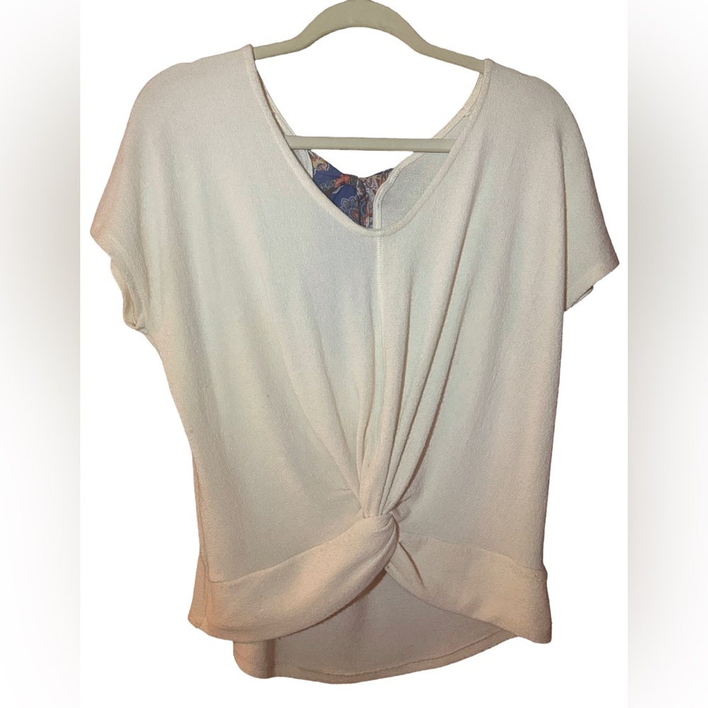 Alya Cream Knit Twist-Front, Open Back Blouse With Silky Tie Scarf - XXS